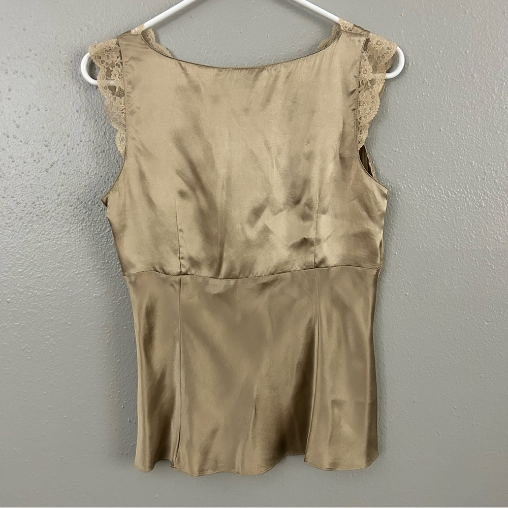 Ann Taylor LOFT Tan 100% Silk Shiny Satin Lace Trim Babydoll Tank Top Size 6 Y2K - Picture 6 of 9